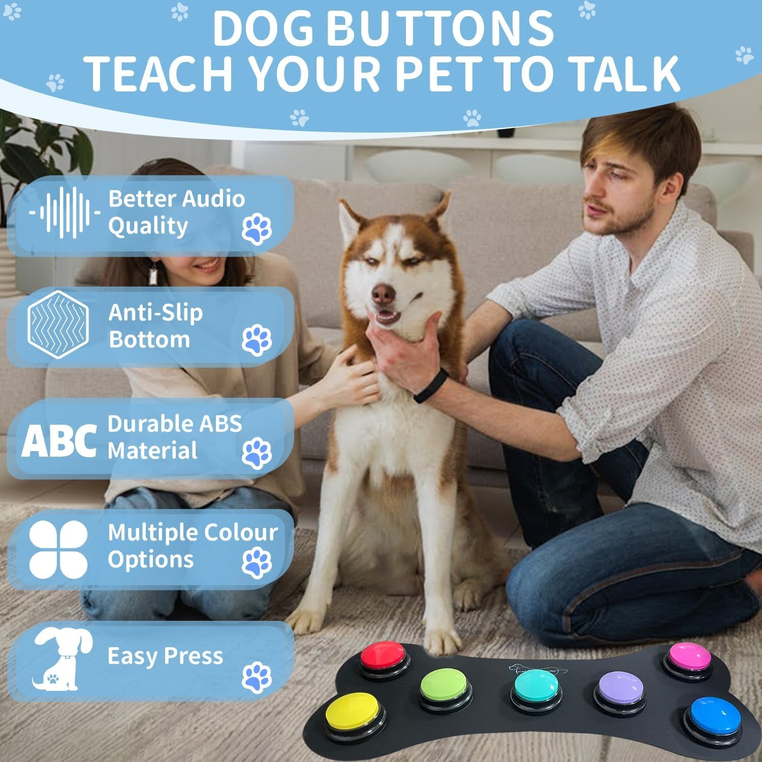 7 Colour Voice Recording Button, Dog Communication Buzzer Button for Pet Training, 30-Second Record and Playback, Includes Waterproof Pad and 50 Scenario Stickers.