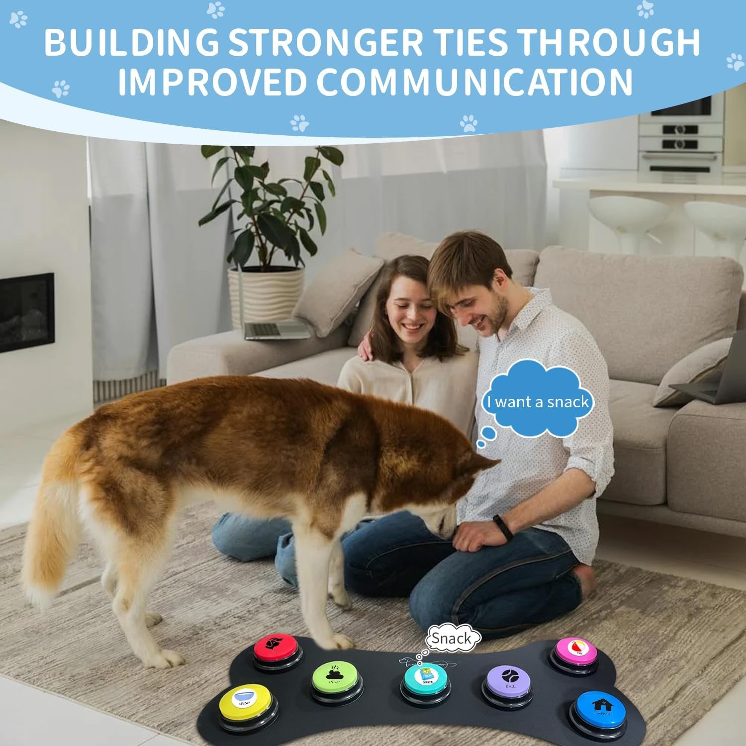 7 Colour Voice Recording Button, Dog Communication Buzzer Button for Pet Training, 30-Second Record and Playback, Includes Waterproof Pad and 50 Scenario Stickers.